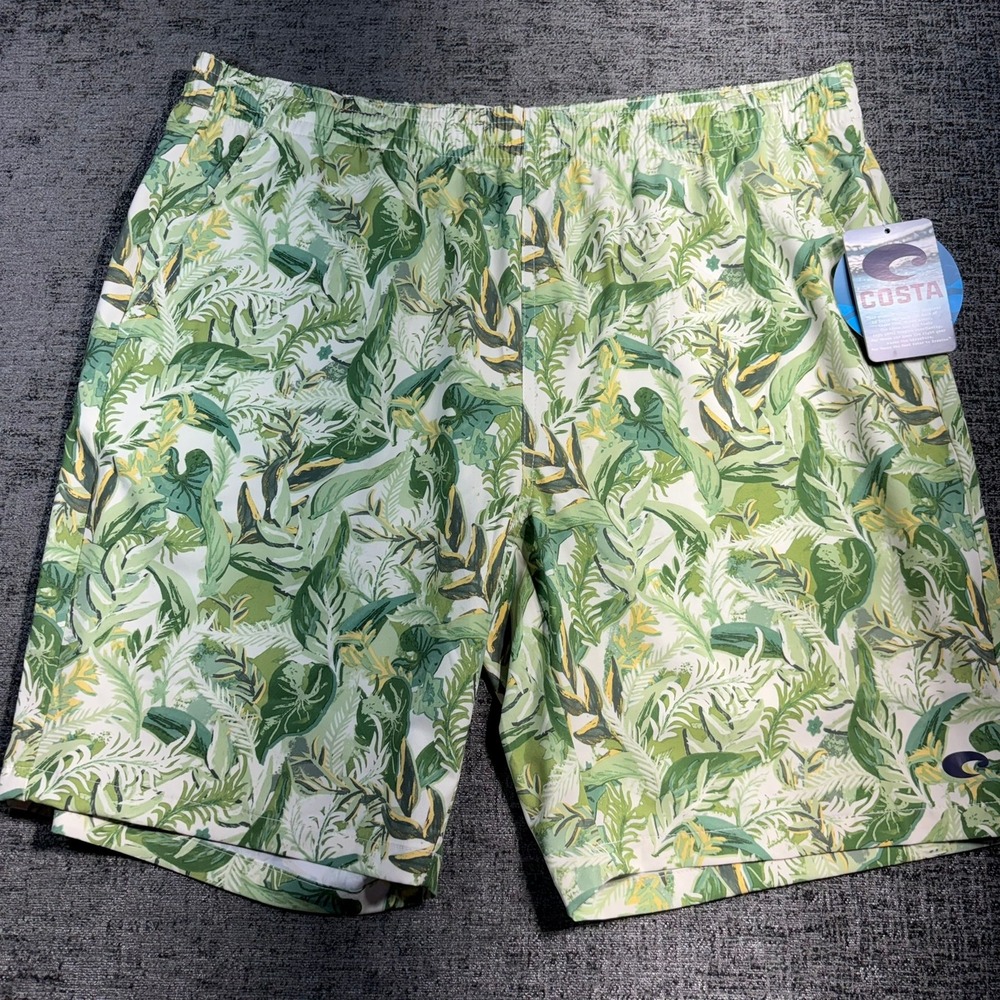 Costa Performance Shorts Mens XL Green Tropical Leaf Water Resistant Stretch